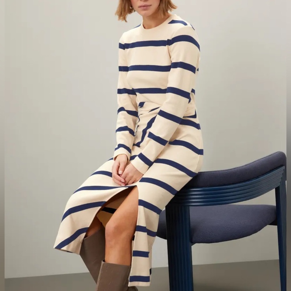 Tanya Taylor Cody Dress Cream and Blue Striped Long Sleeve Dress